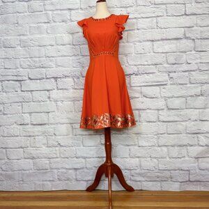 Ranna Gill Orange Metallic Embroidered Fit & Flare Dress